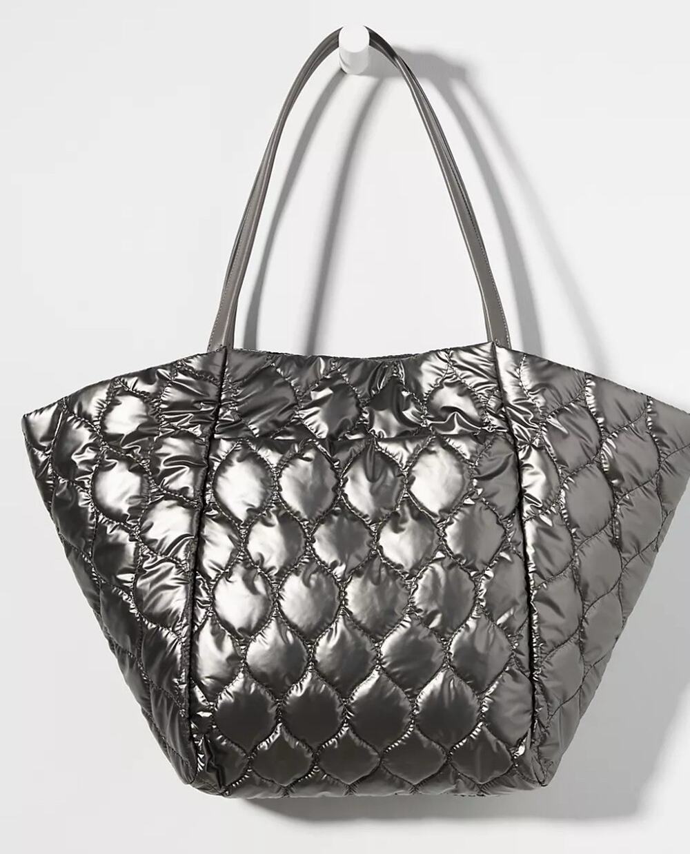 Anthropologie Metallic Silver Polyester Quilted Puffer Tote Magnetic Snap L